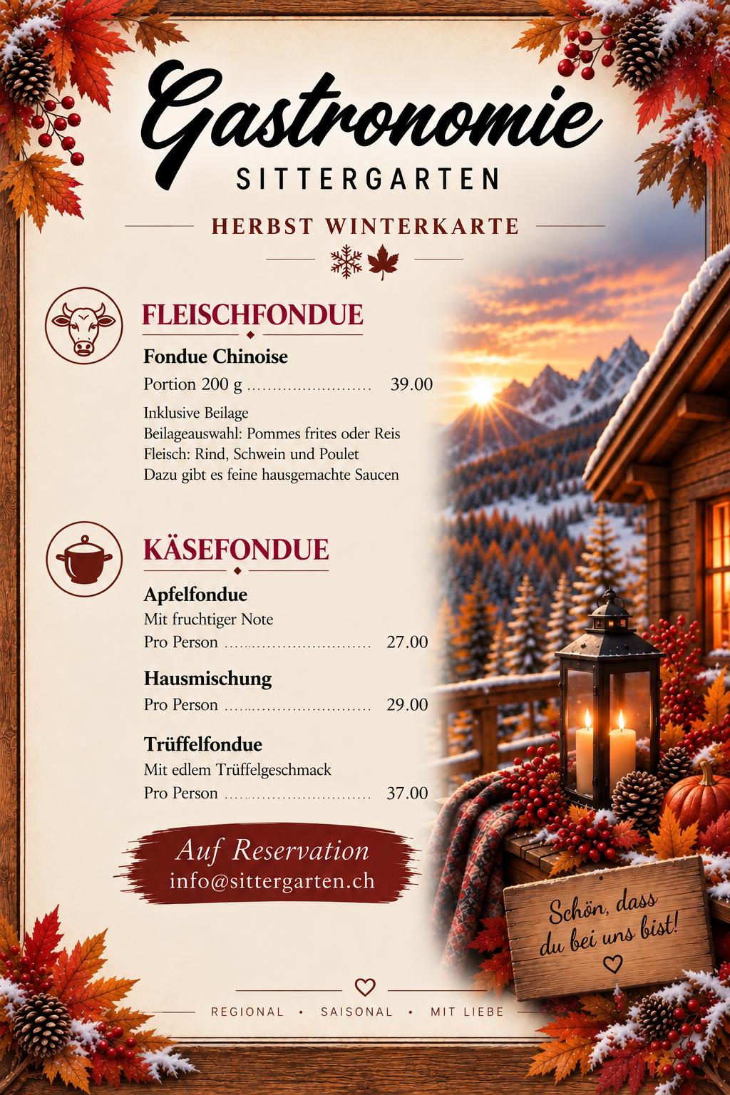 Herbst- & Winterkarte mit Fleisch- und Käsefondue – Gastronomie Sittergarten